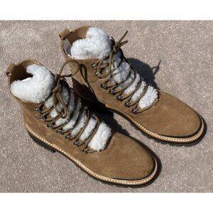 MARC FISHER Lizzie Suede Lace Up Ankle Boots Brown Womens Size 9M Sheep Fur New